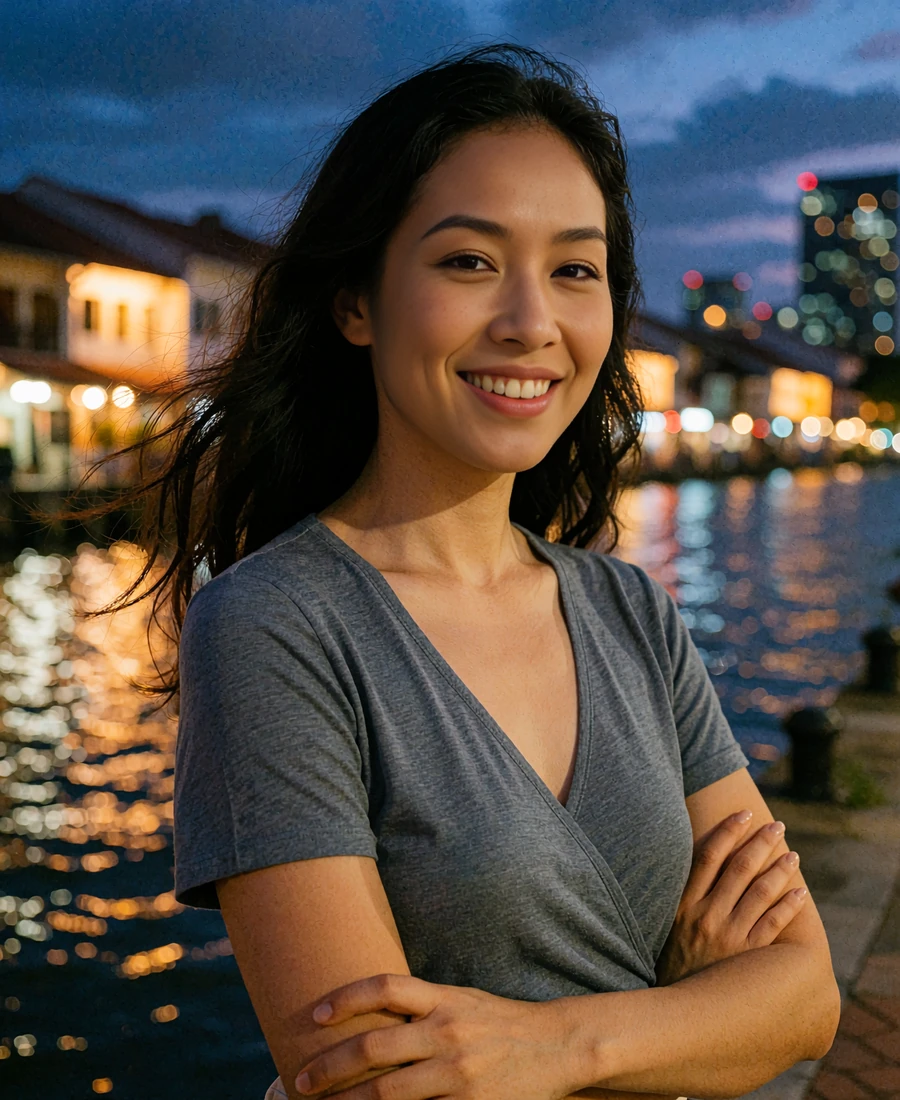 Singaporean member in a slate-grey top smiling on a riverside quay at dusk