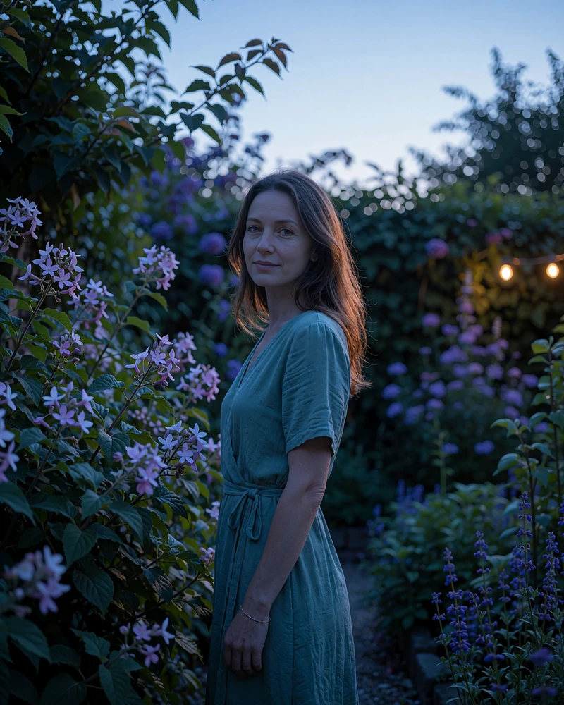 Turkmen member glancing back in a walled evening garden with lamplight in the background