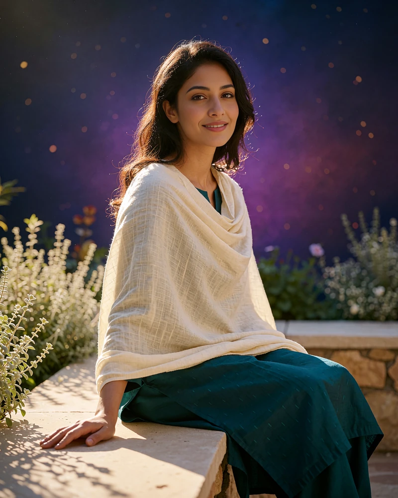 Pakistani member in an ivory shawl over a teal outfit seated on a sunlit garden terrace