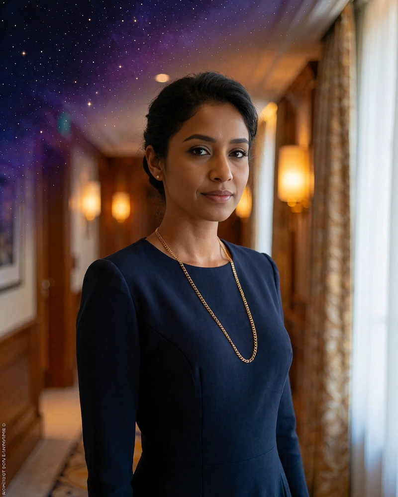 Sri Lankan member in a midnight-blue dress standing in a warmly lit luxury hotel corridor
