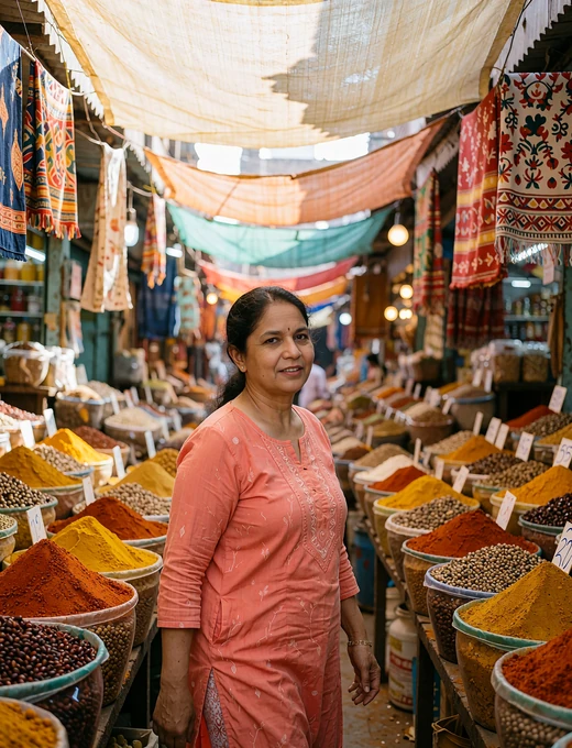 South Asian woman in a coral kurta walking through a covered market lane lined with baskets of dried spices