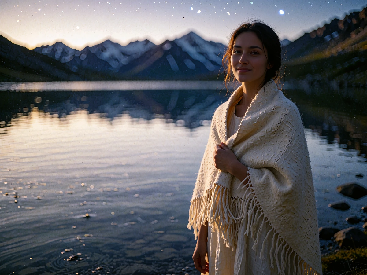 Kyrgyz woman in a felted wool shawl standing at the edge of a high alpine lake at dusk