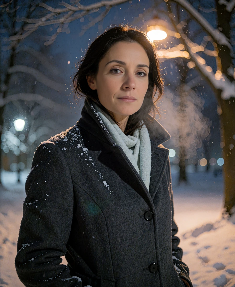 Kazakh member in a charcoal wool coat standing outdoors on a winter evening