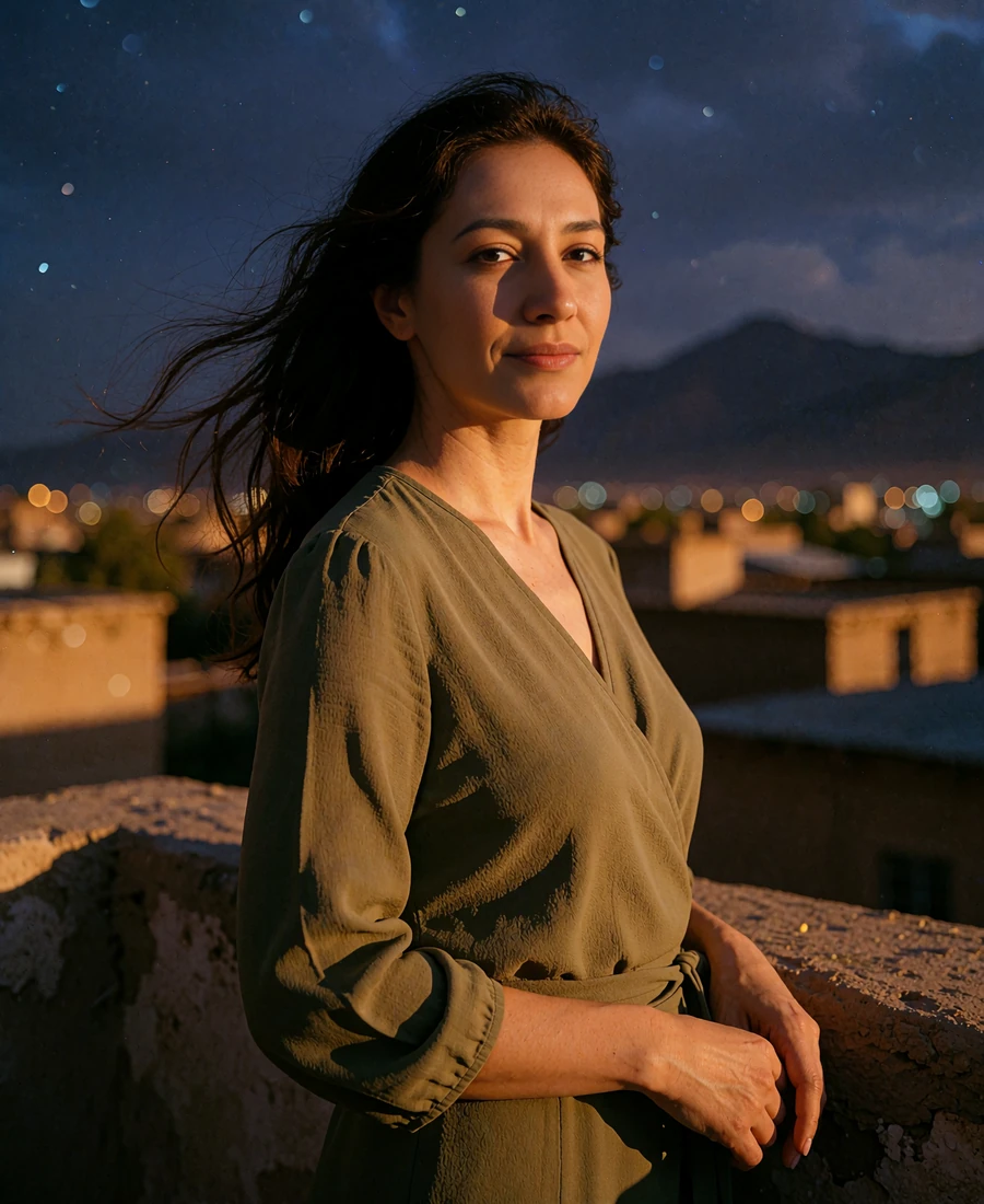 Tajik member in an olive wrap blouse standing on a rooftop terrace at dusk