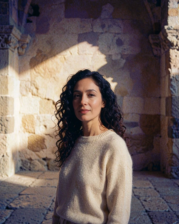 Armenian woman in a cream sweater standing in a sunlit stone courtyard