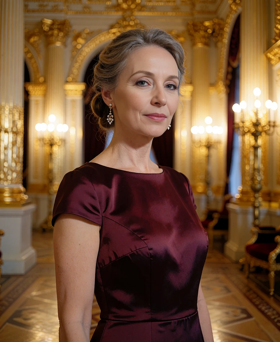 Kazakh member in a burgundy evening dress in a concert hall foyer