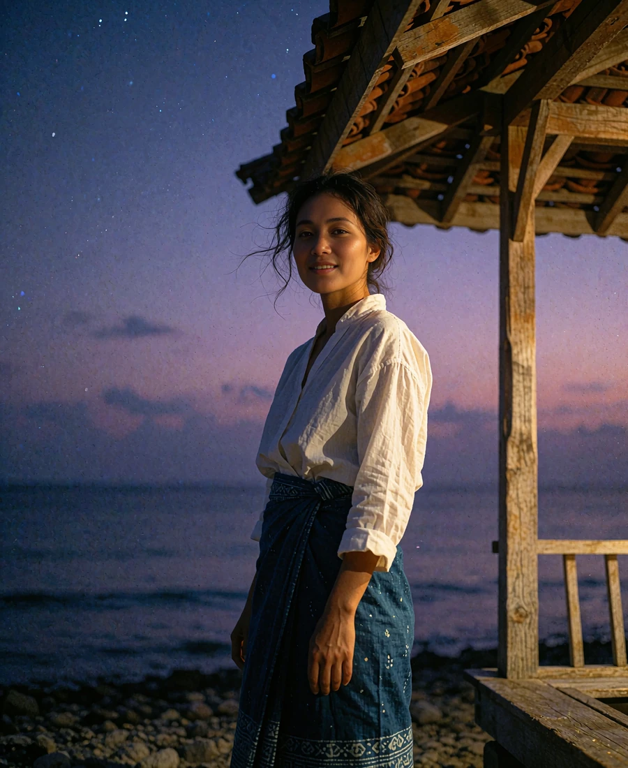 Indonesian member in a white blouse standing under an open wooden pavilion near the shore at dusk