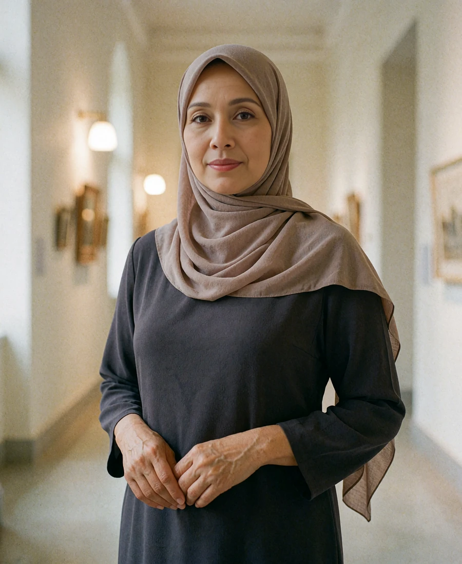 Singaporean Malay member in a charcoal dress standing thoughtfully in a museum corridor