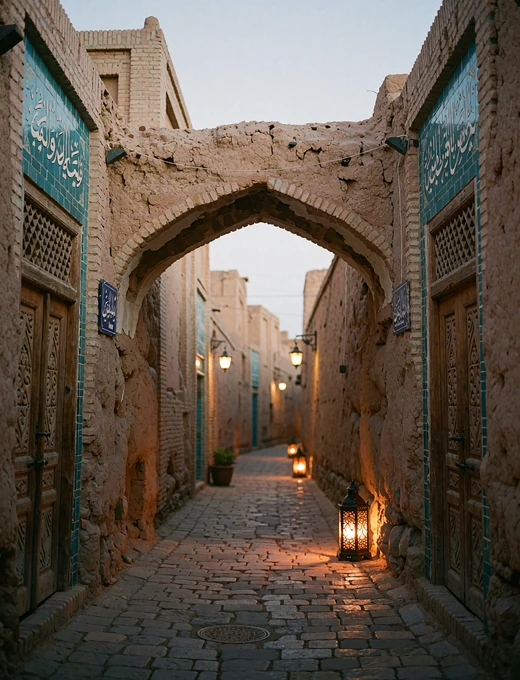 Narrow old-town alley in Bukhara at dusk with mudbrick walls and warm lantern light