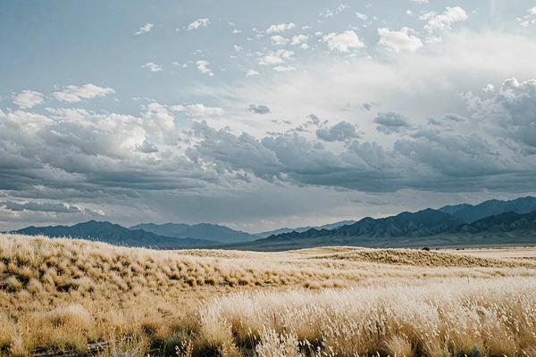 Open golden steppe landscape under a vast sky with distant blue mountains
