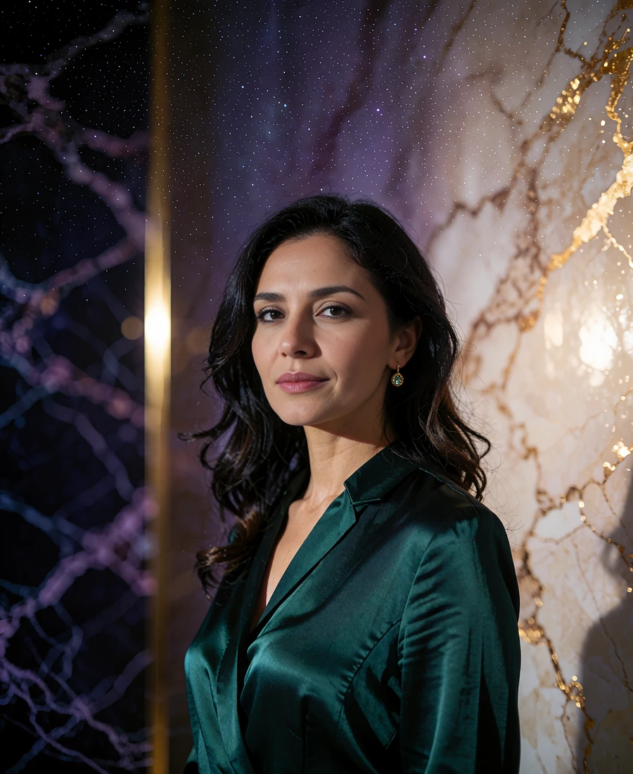 Afghan-heritage member in a deep emerald satin blouse standing in a dark marble interior