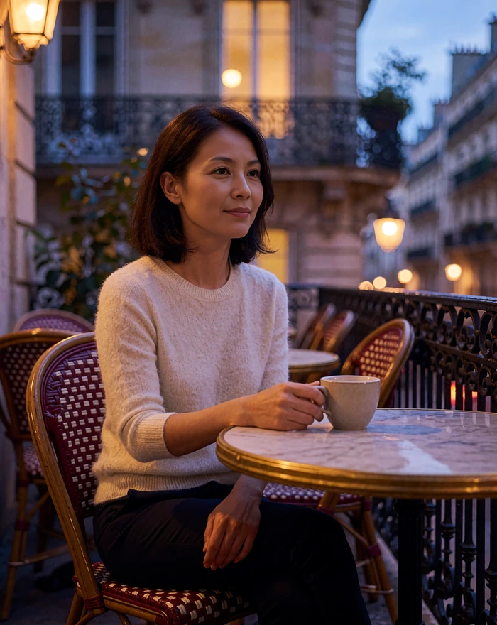 Vietnamese woman in an ivory knit sweater seated at a marble café table on a European terrace at early evening