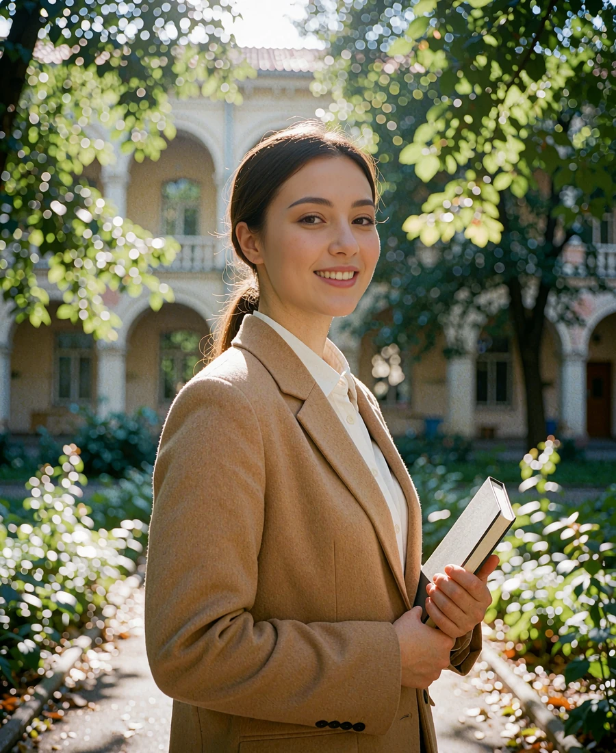 Kyrgyz member in a camel blazer standing in a leafy university courtyard
