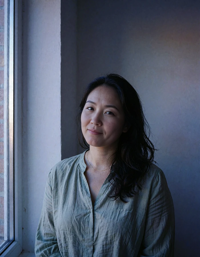 Mongolian woman in a sage blouse standing beside a tall window in soft daylight