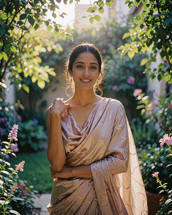 Indian member in a blush draped silk outfit standing in a lush green garden courtyard