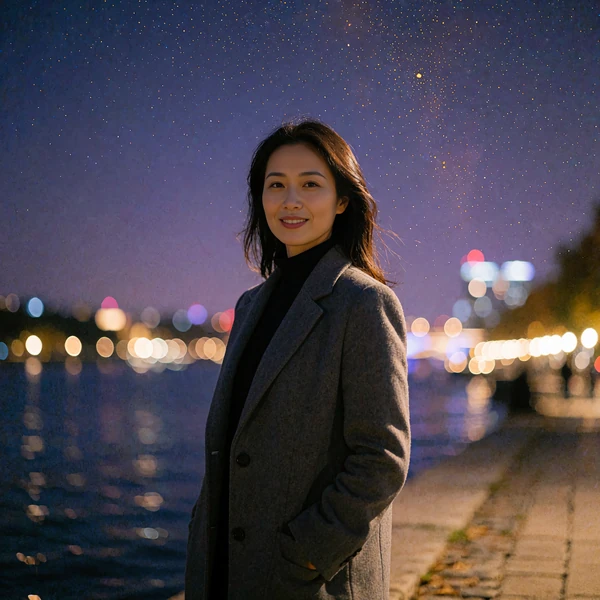Chinese woman in a charcoal coat on a riverside promenade at night