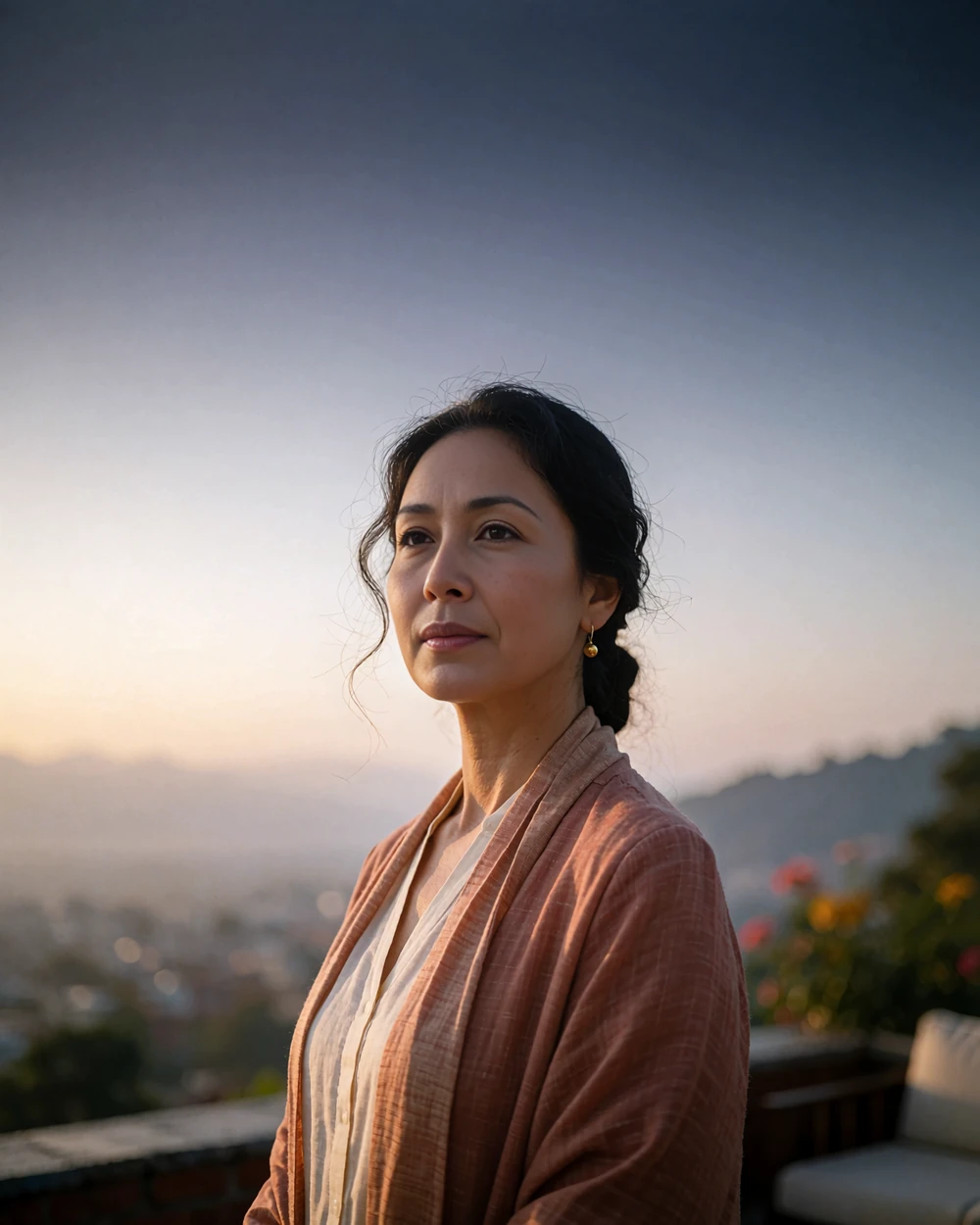 Poised Nepali woman in a terracotta shawl standing on a Kathmandu valley terrace at dusk
