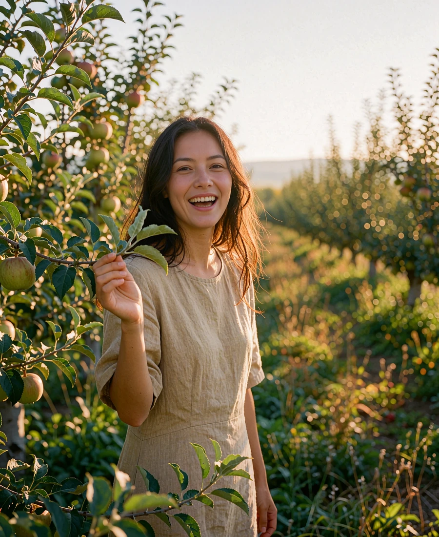 Kyrgyz member laughing in a sunlit apple orchard at golden hour