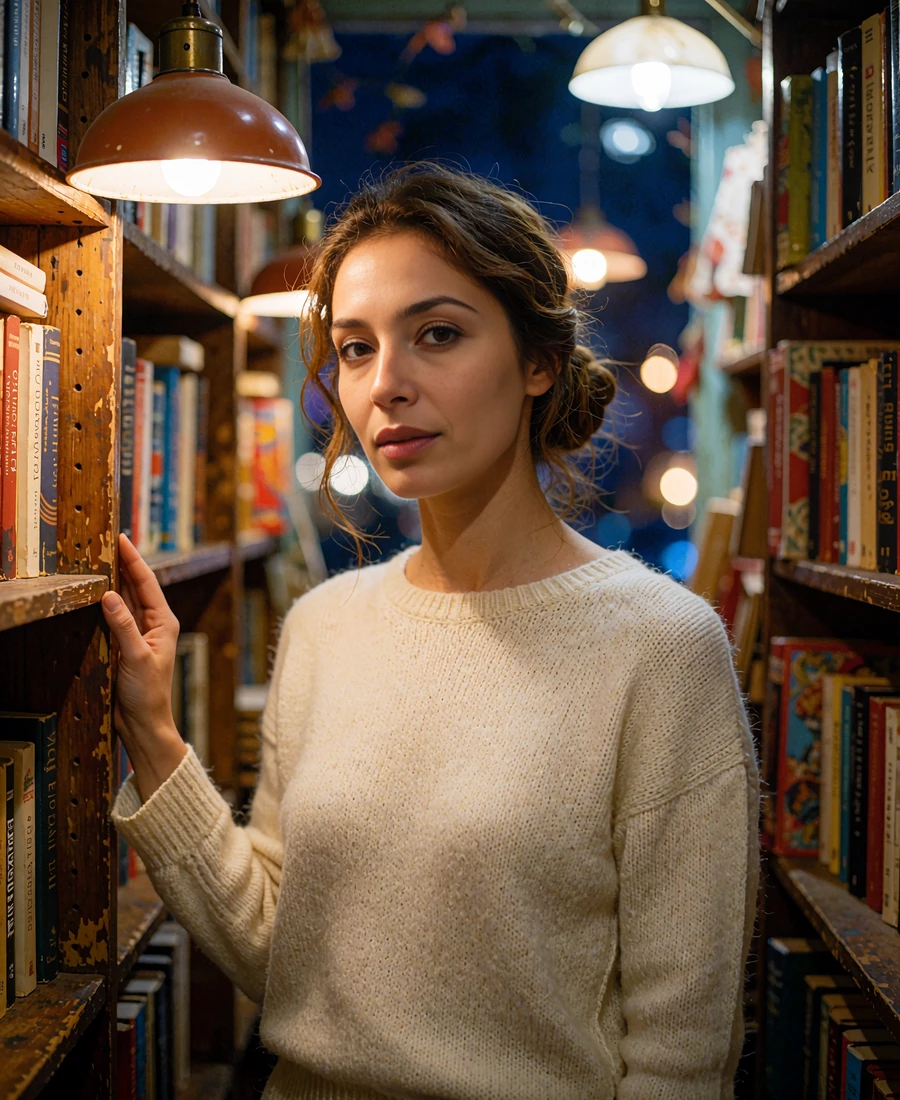 Tajik member in a cream knit top standing among wooden shelves in a small bookshop