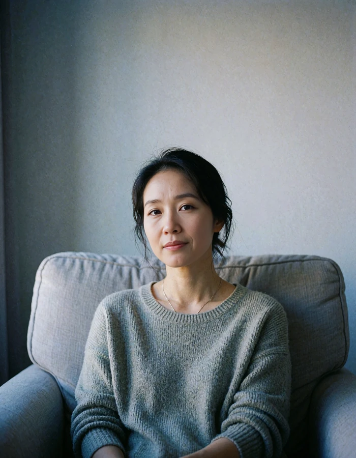 Korean woman seated in a soft armchair in a calm daylit room