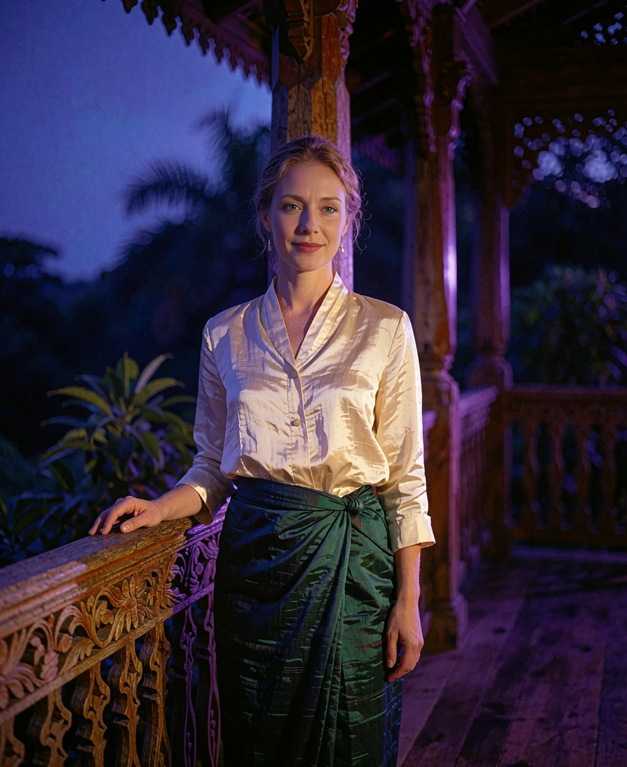 Burmese member in an ivory silk blouse standing on a teak veranda at dusk