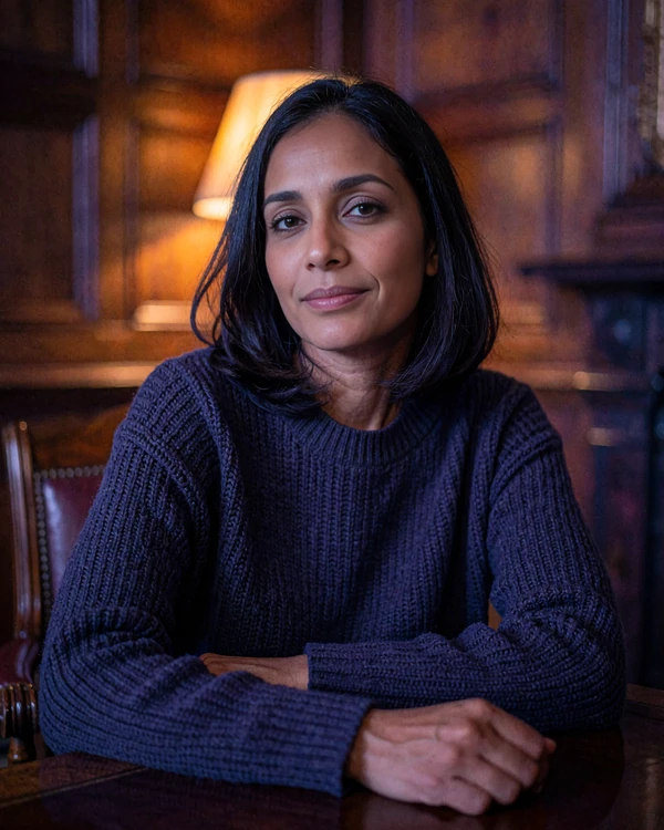 Indian member in a navy sweater seated in a wood-panelled reading room with warm lamp light