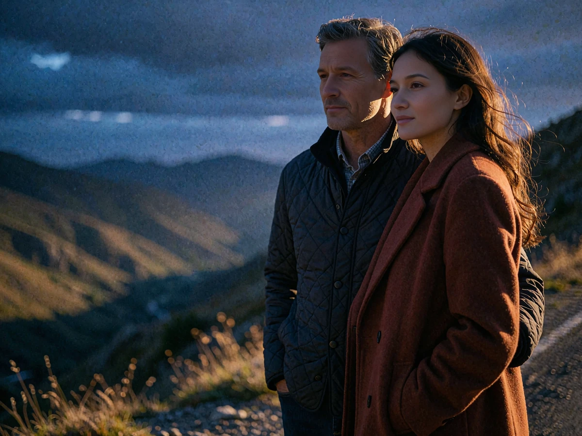 Kyrgyz woman and Western man standing together at a mountain roadside viewpoint at dusk