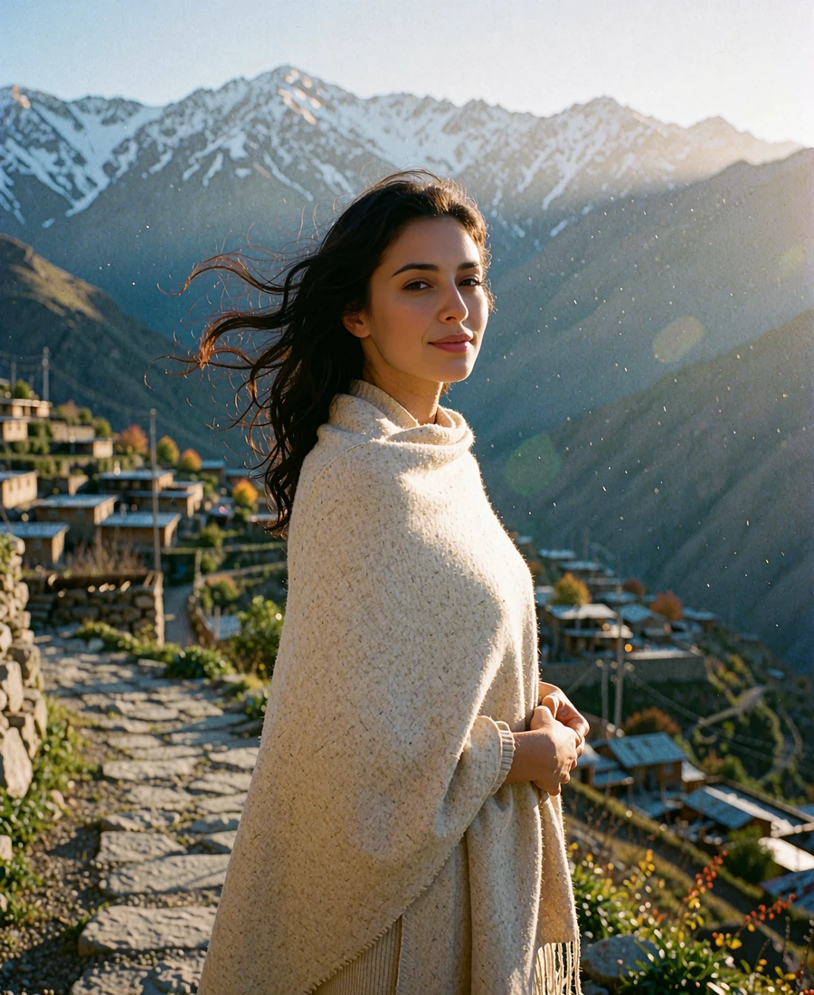Tajik member in an oatmeal shawl standing on a stone path above a mountain village