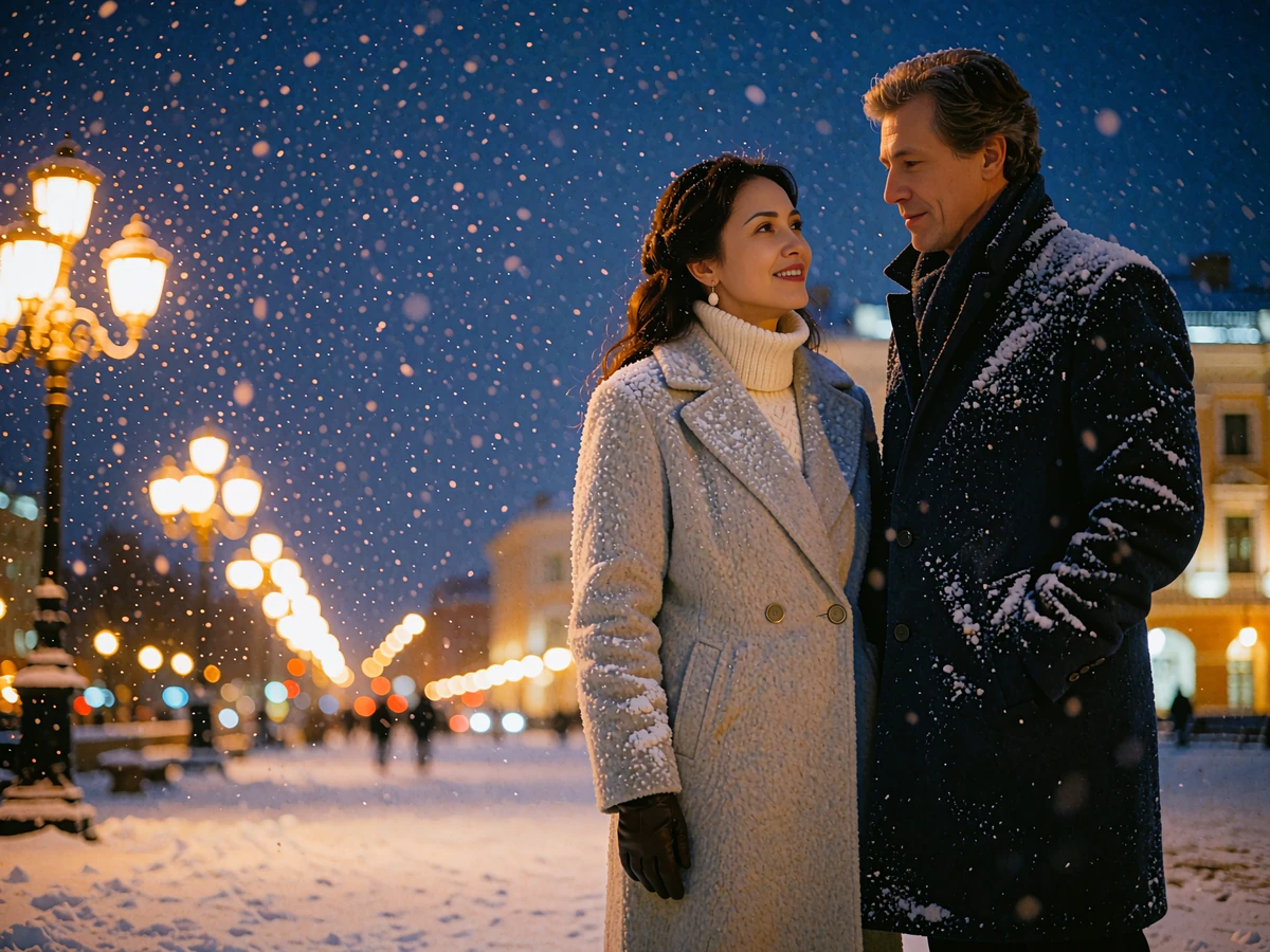 Kazakh woman in a pale wool coat and Western man standing close together on a lamplit city square in winter