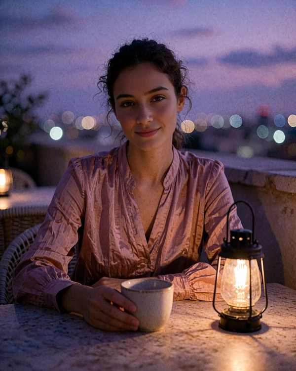 Jordanian member in a dusty rose blouse seated at a rooftop café table at blue hour