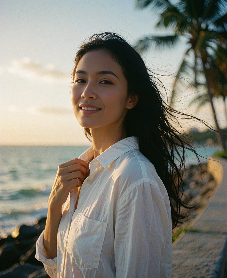 Malaysian member on a coastal promenade at golden hour with the sea softly blurred behind her