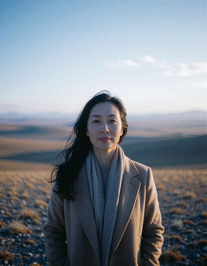 Mongolian woman in a camel wool coat standing outdoors with the open steppe behind her