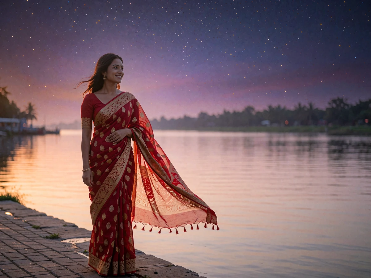 Elegant Bangladeshi woman in a red and gold sari standing at a calm riverside promenade at dusk