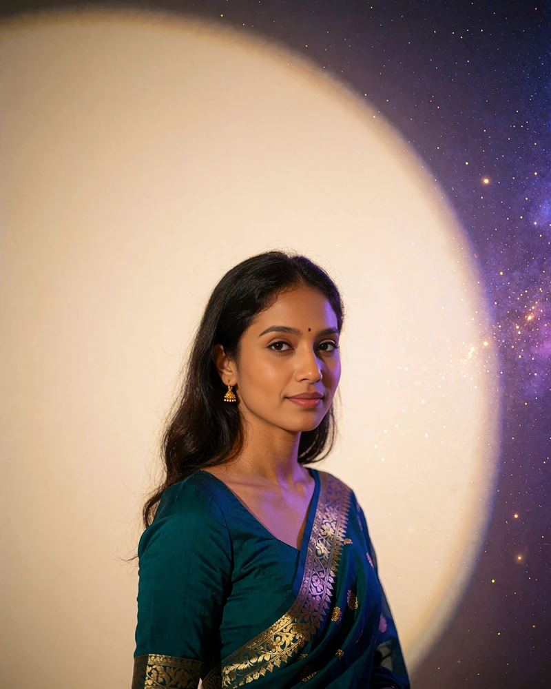 Bangladeshi member in a teal sari blouse with gold embroidery photographed against a plain ivory studio wall