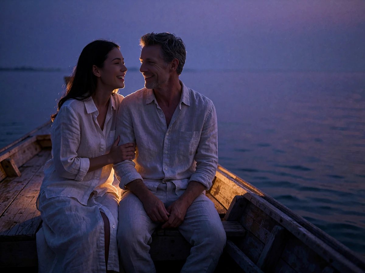 Thai woman and Western man sitting close together on a wooden boat deck at dusk, laughing together