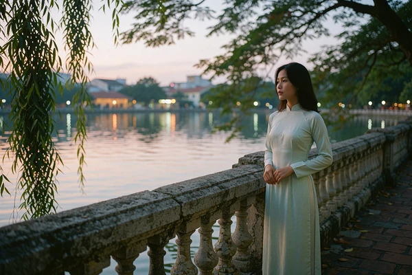 Vietnamese woman in a pale ao dai standing by a lakeside balustrade at dusk in Vietnam