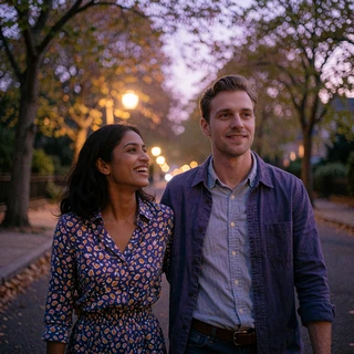 Indian woman and Western man walking together along a quiet tree-lined street at dusk