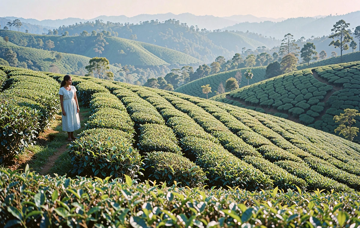 Sri Lankan woman in a pale blue dress standing on a path overlooking rolling tea plantations in the highlands