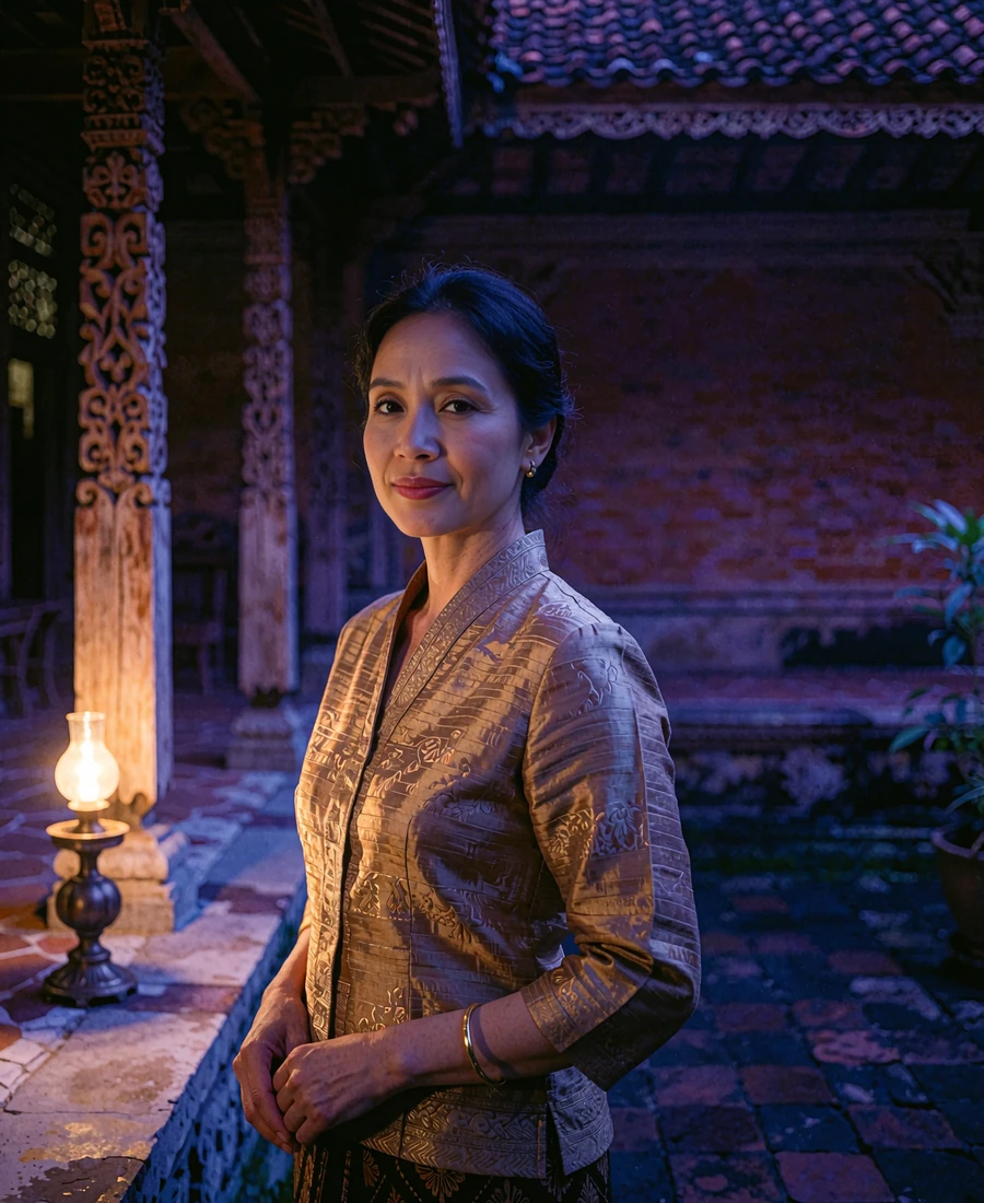 Indonesian member in a bronze silk blouse standing in a traditional courtyard at dusk in Yogyakarta