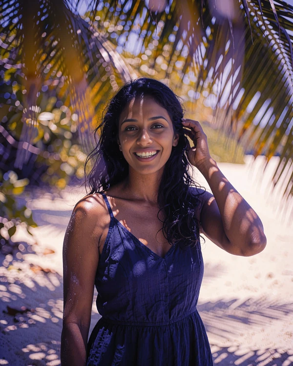 Maldivian member in a navy sundress standing in dappled palm shade