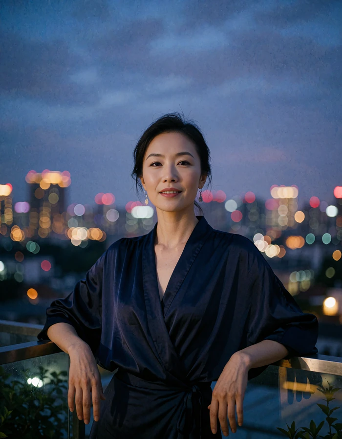 Chinese woman in a navy wrap dress standing on a rooftop terrace at dusk