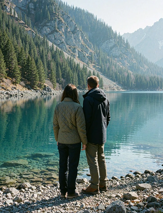 Central Asian woman and Western man standing together beside a turquoise mountain lake