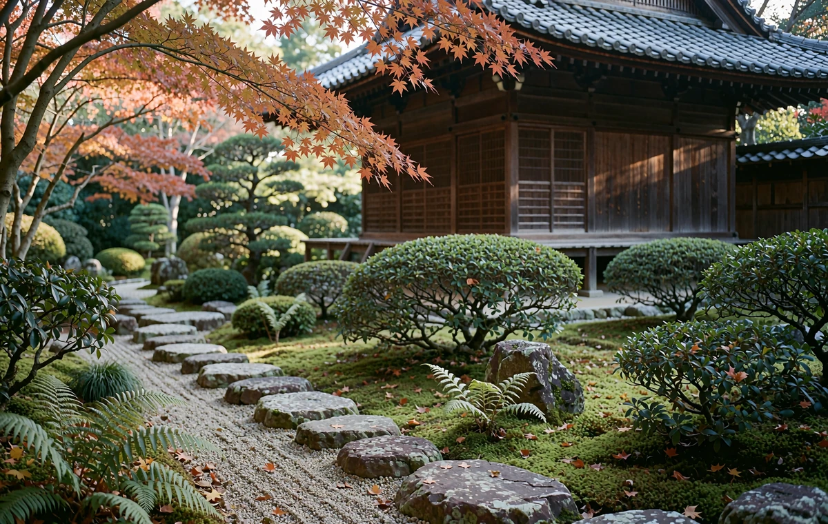 Traditional Japanese temple garden in early autumn with stepping stones, moss and a timber pavilion behind clipped evergreens