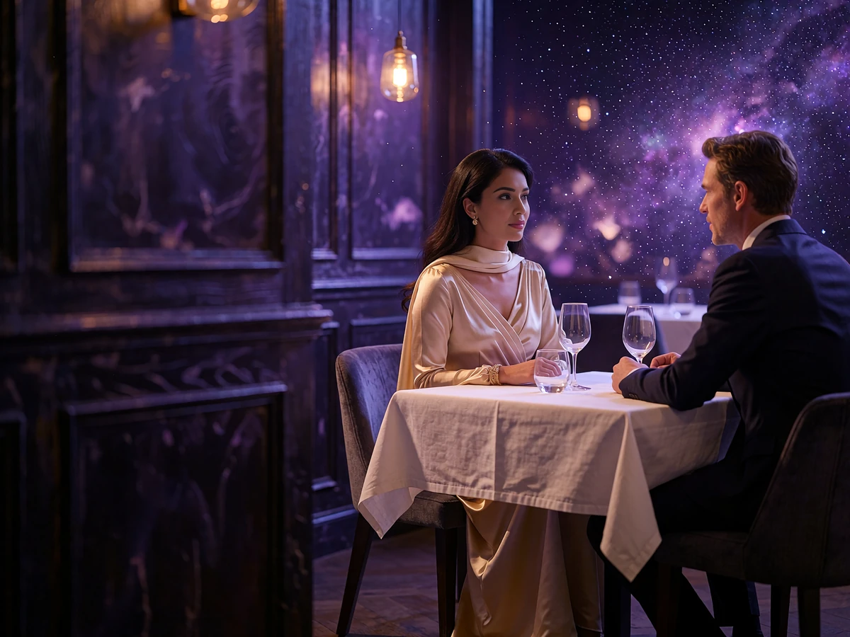 Bruneian woman in a champagne silk gown in relaxed conversation with a Western man at an upscale evening restaurant table