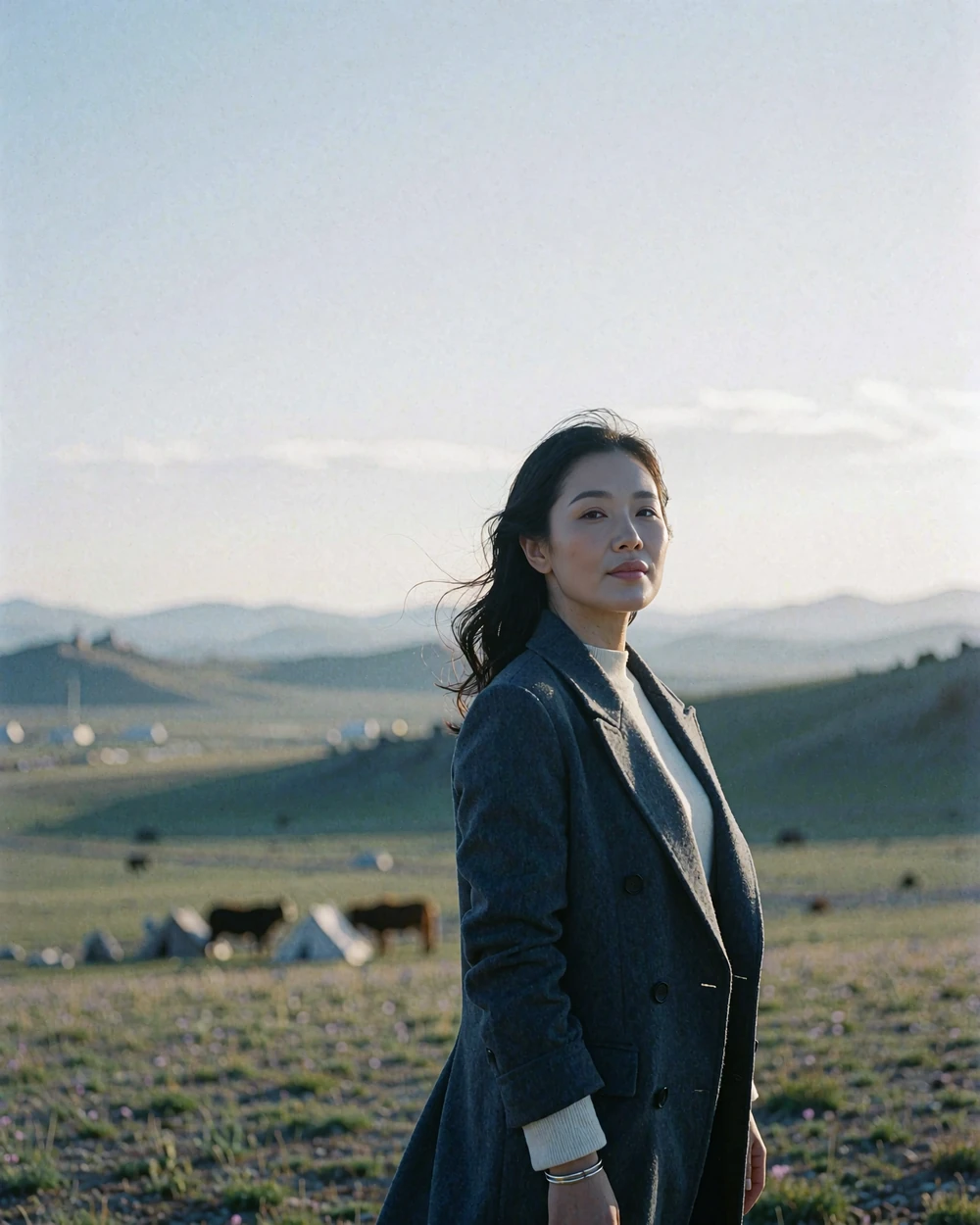 Mongolian woman in a tailored charcoal coat standing on an open highland plateau in late afternoon light