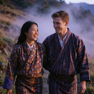 Bhutanese woman and a Western man laughing together while walking a highland trail