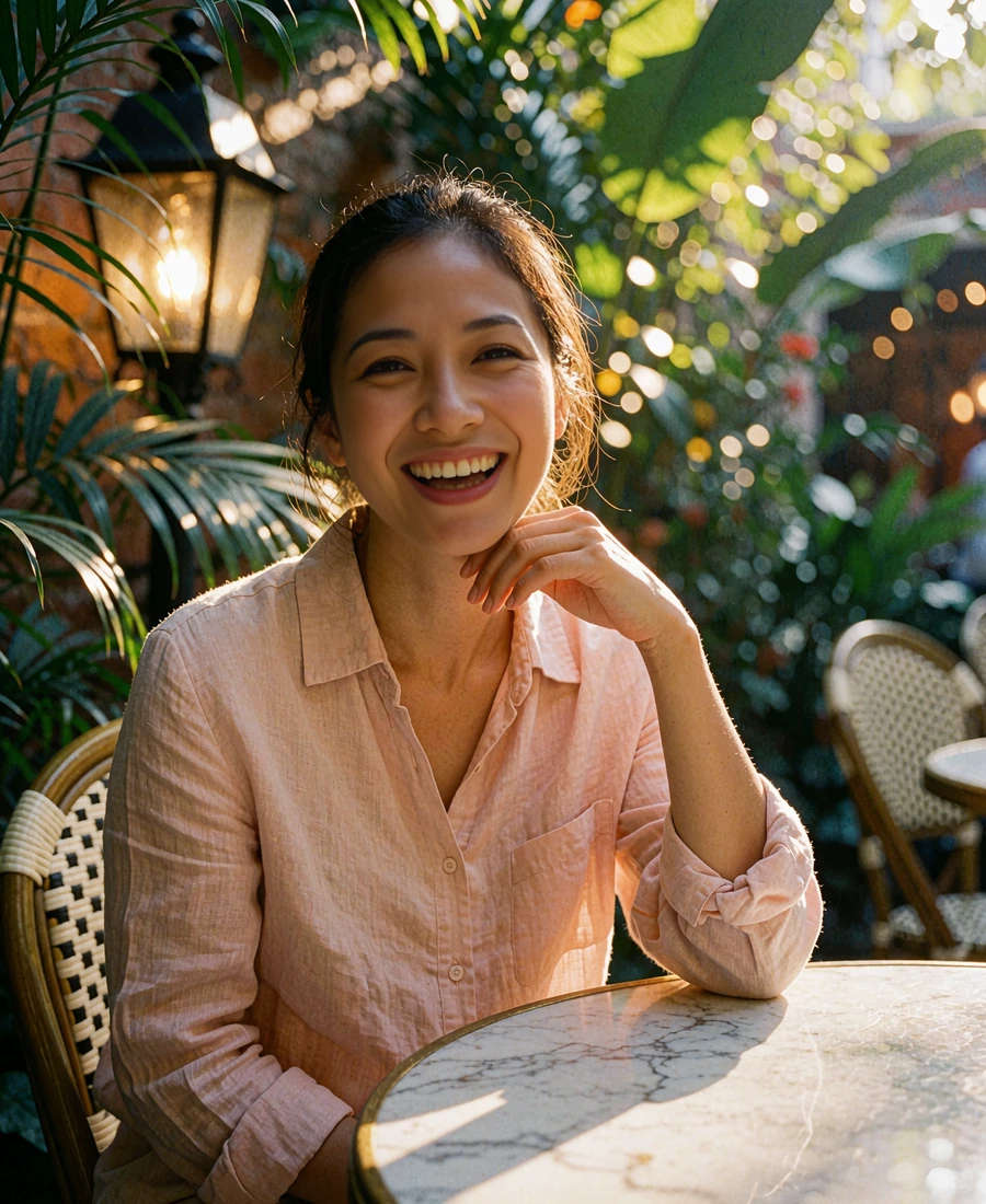 Malaysian member laughing at a marble café table in a leafy courtyard