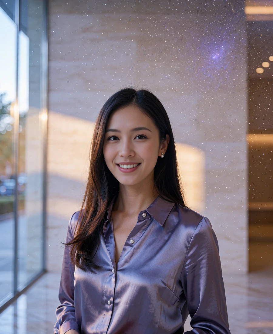 Taiwanese member in a pearl silk blouse standing in a modern stone-and-glass lobby