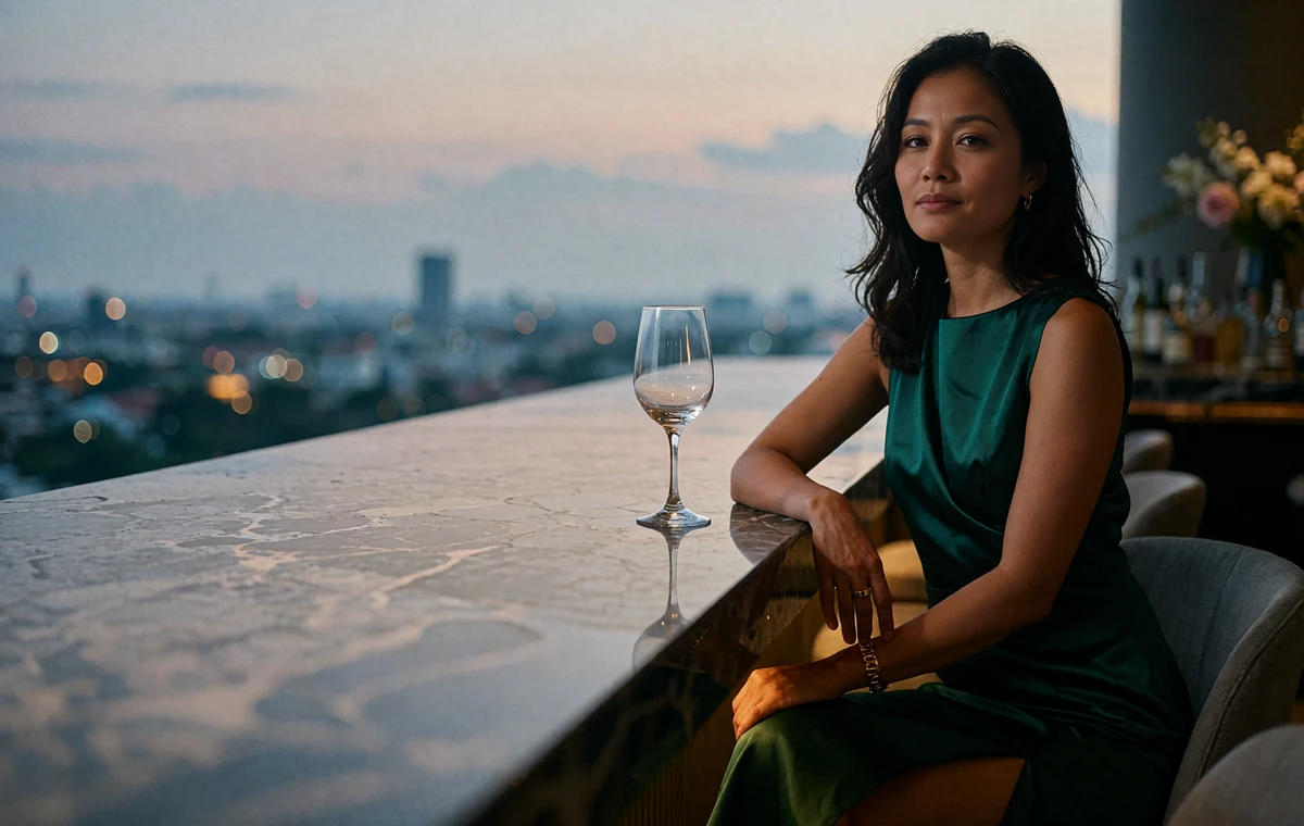 Singaporean woman in an emerald dress seated at a rooftop bar counter at dusk with a defocused city skyline behind her