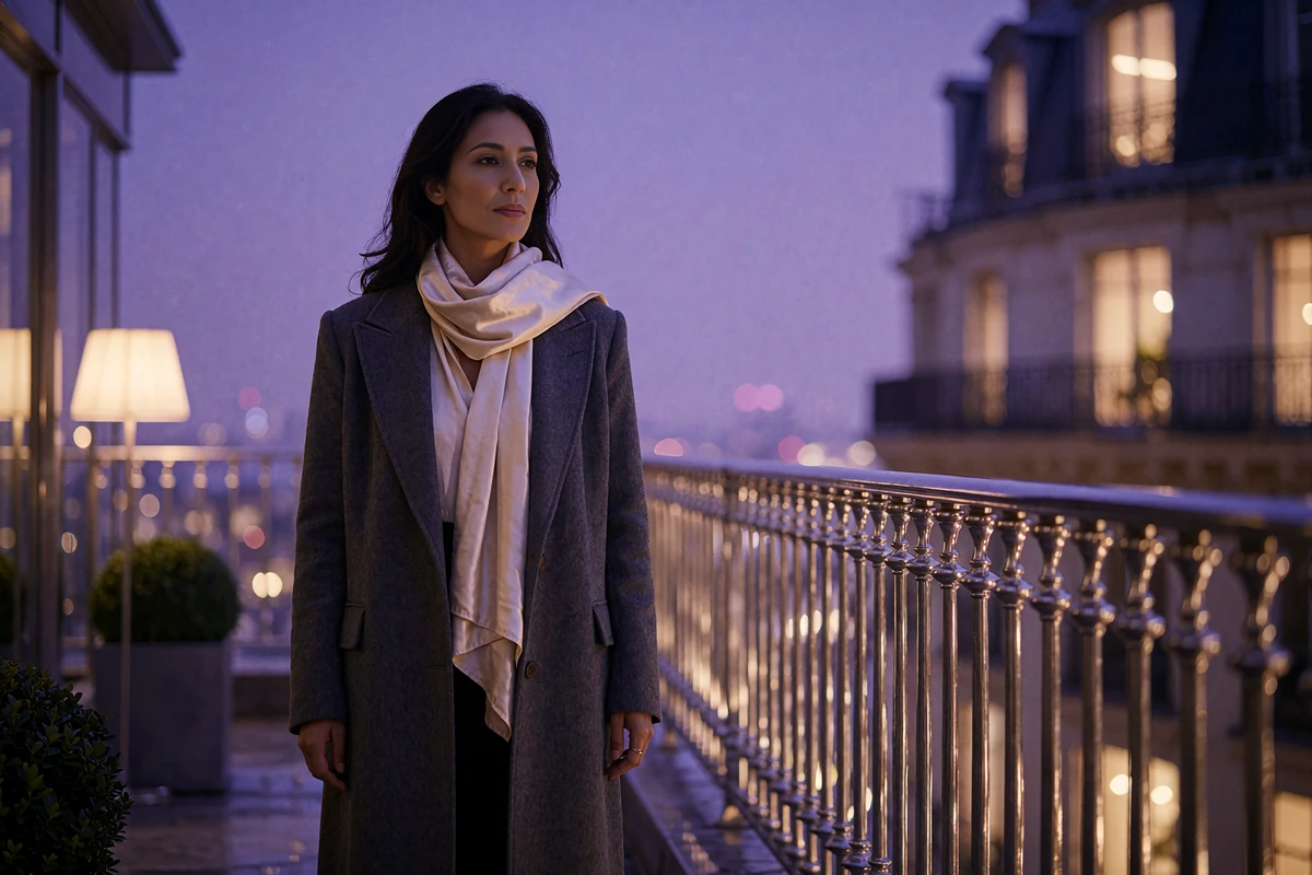 Poised woman of Afghan heritage in a charcoal coat and cream scarf standing on a quiet city terrace at dusk